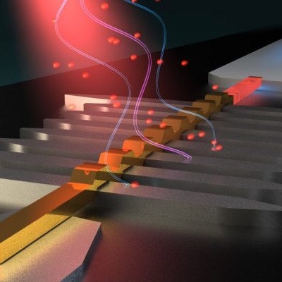 Représentation artistique d'un détecteur hybride supraconducteur de micro-ondes à photon unique.